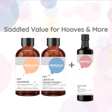 Load image into Gallery viewer, Product bundle image of 500ml bottle of Hempooch shampoo and waterless leave in conditioner with 1 500ml bottle of 100% Australian hemp seed oil liquid