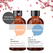 Load image into Gallery viewer, Product bundle image of 250ml bottle of Hempooch shampoo and waterless leave in conditioner made with 100% Australian hemp seed oil