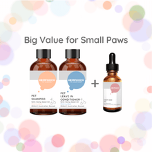 Load image into Gallery viewer, Product bundle image of 250ml bottle of Hempooch shampoo and waterless leave in conditioner with 1 50ml bottle of 100% Australian hemp seed oil liquid