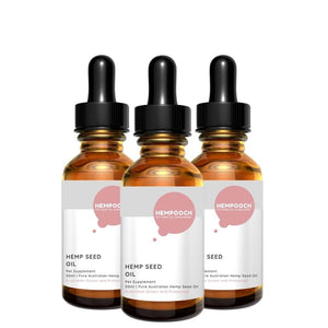Product image of 3 50ml bottle of Hempooch hemp seed oil liquid with dropper made with 100% Australian hemp seed oil. CBD Oil in Australia for Dogs