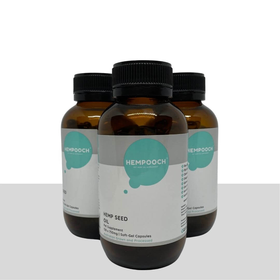 Product image of 3 soft gel capsule bottles with 100% Australian hemp seed oil, each bottle contains 120 x 750mg capsules