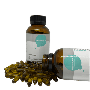 Product image Hempooch soft gel capsule bottles with 100% Australian hemp seed oil, each bottle contains 120 x 750mg capsules