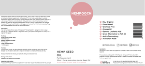 Product label of 50ml bottle of Hempooch hemp seed oil liquid with dropper made with 100% Australian hemp seed oil