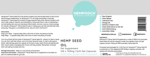 Product label of 120 x 750mg soft gel capsules with 100% Australian human grade hemp seed oil, high source of Omega fatty acids