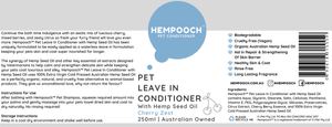 Product label of 250ml bottle of human grade waterless pet leave in conditioner with 100% Australian hemp seed oil.