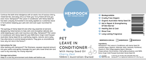 Product label of 500ml bottle of human grade waterless pet leave in conditioner with 100% Australian hemp seed oil. 