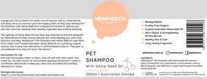 Product label of 250ml bottle of human grade pet shampoo with 100% Australian hemp seed oil in cherry zest scent