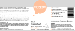 Product label of 500ml bottle of human grade pet shampoo with 100% Australian hemp seed oil. 