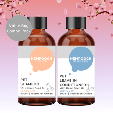 Product bundle image of 500ml bottle of Hempooch shampoo and waterless leave in conditioner made with 100% Australian hemp seed oil