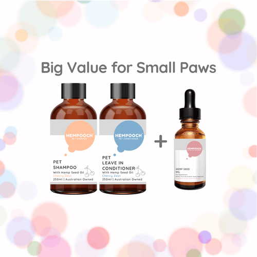 Product bundle image of 250ml bottle of Hempooch shampoo and waterless leave in conditioner with 1 50ml bottle of 100% Australian hemp seed oil liquid