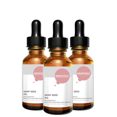 Product image of 3 50ml bottle of Hempooch hemp seed oil liquid with dropper made with 100% Australian hemp seed oil. CBD Oil in Australia for Dogs