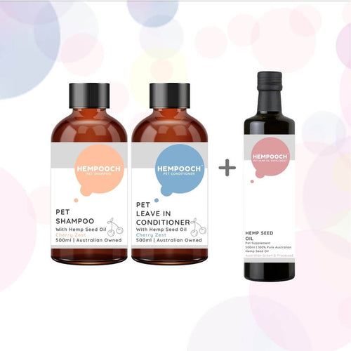 Product bundle image of 500ml bottle of Hempooch shampoo and waterless leave in conditioner with 1 500ml bottle of 100% Australian hemp seed oil liquid 